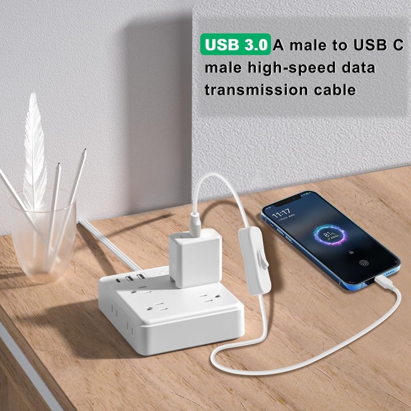 White 1ft 0.3m USB 3.0 To Type C Charger Cable With On Off Switch 5Gbps 1 PCS gallery