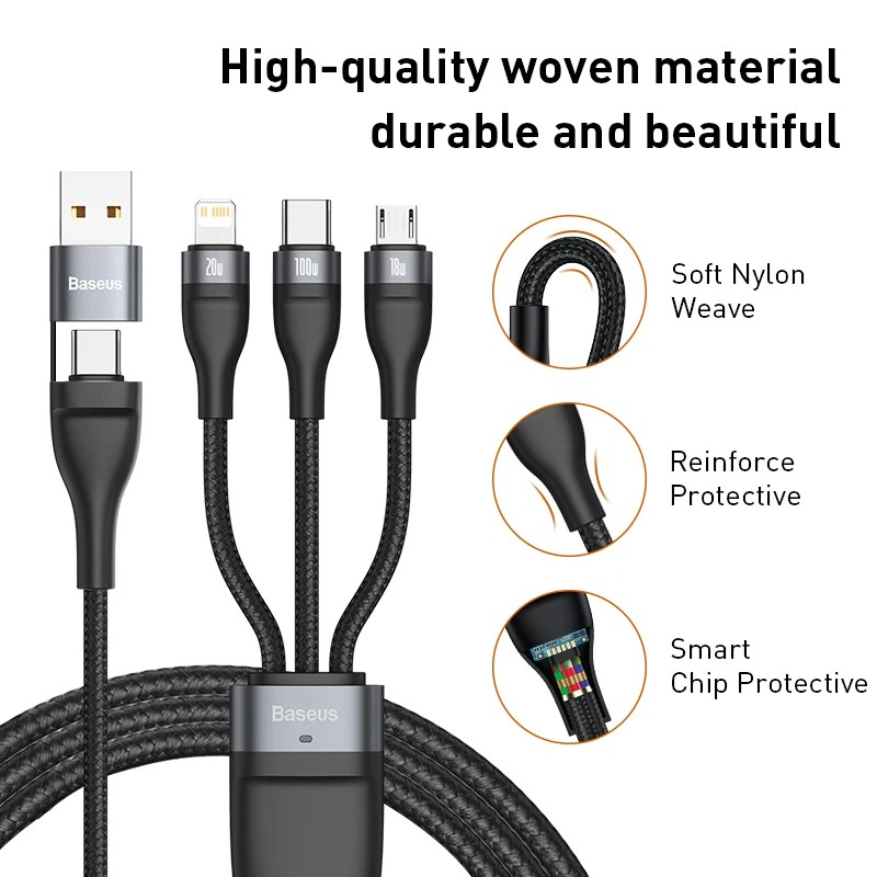 Baseus 3in1 100W USB-C Charger Cable for iPhone, Macbook, Samsung, Xiaomi gallery