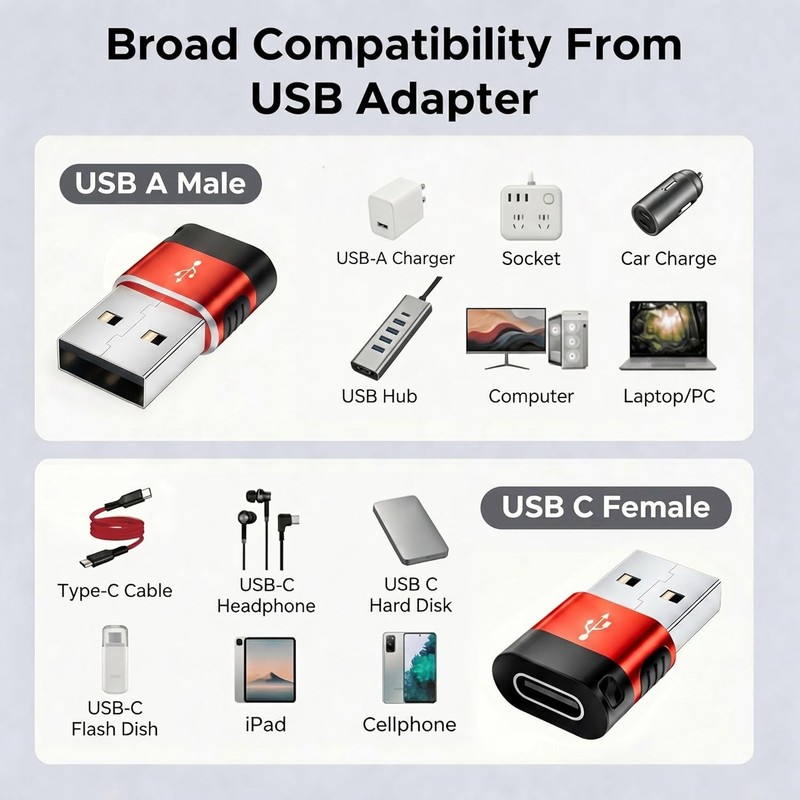 USB to USB C Adapter 6-Pack: USB A to USB C Female Converter (Red) gallery