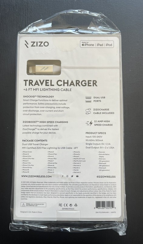 Dual USB Travel Charger 2.1A Quick Charge With 6ft Cable, Zizo (NEW). gallery