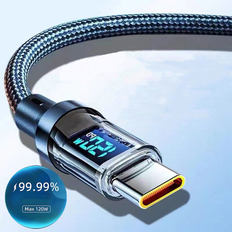 120/240W USB to C Cable Braided Phone Fast Lead Charger LED & Power Display