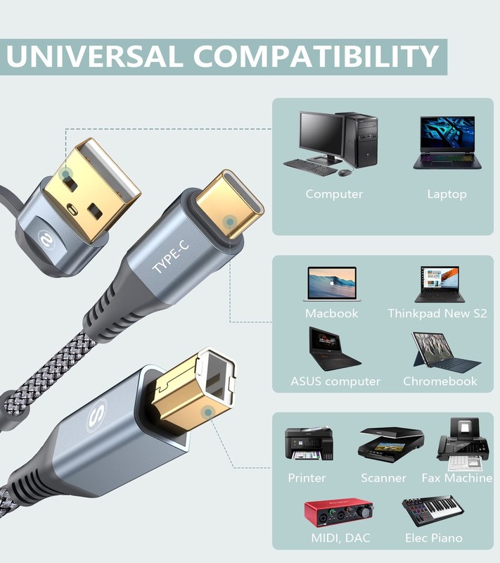 Printer Cable 2-in-1 USB-A/C to USB-B Cable 10FT, USB C MIDI Cable Braided Hi... gallery