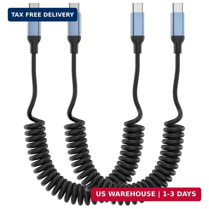 Coiled USB C to USB C Cable, 2Pack Retractable USBC Charger Short Cord for Car,