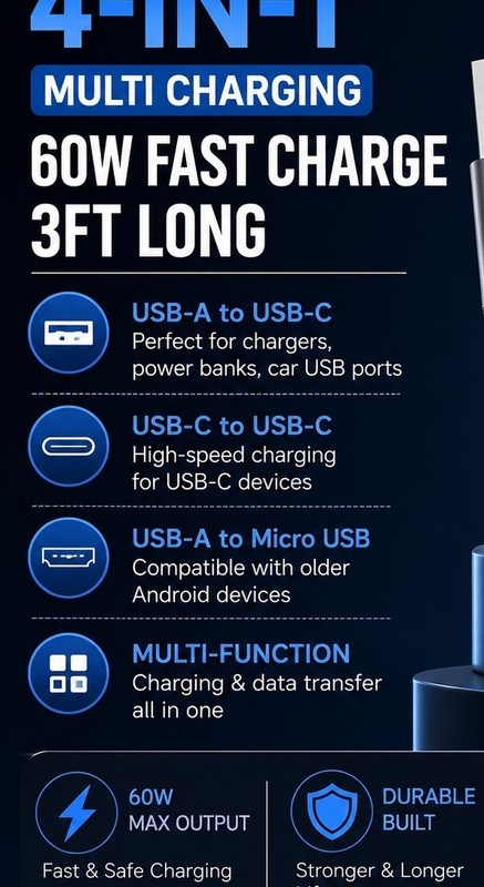 4-in-1 Multi Charging Cable 60W Fast Charge for iPhone Android USB-C Devices 3FT gallery