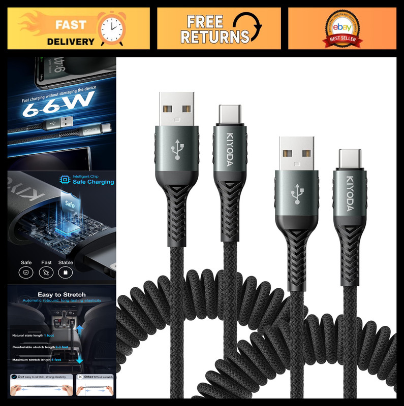 Coiled USB C Cable 3FT [2-Pack] Fast Charging 60W, Durable Braided USB A to C Co