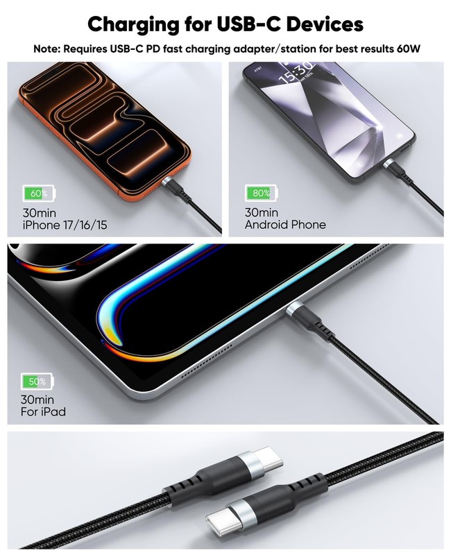 15ft USB C Cable Fast Charging 60W, Long USBC to USB-C Charge 15 Feet, Grey gallery