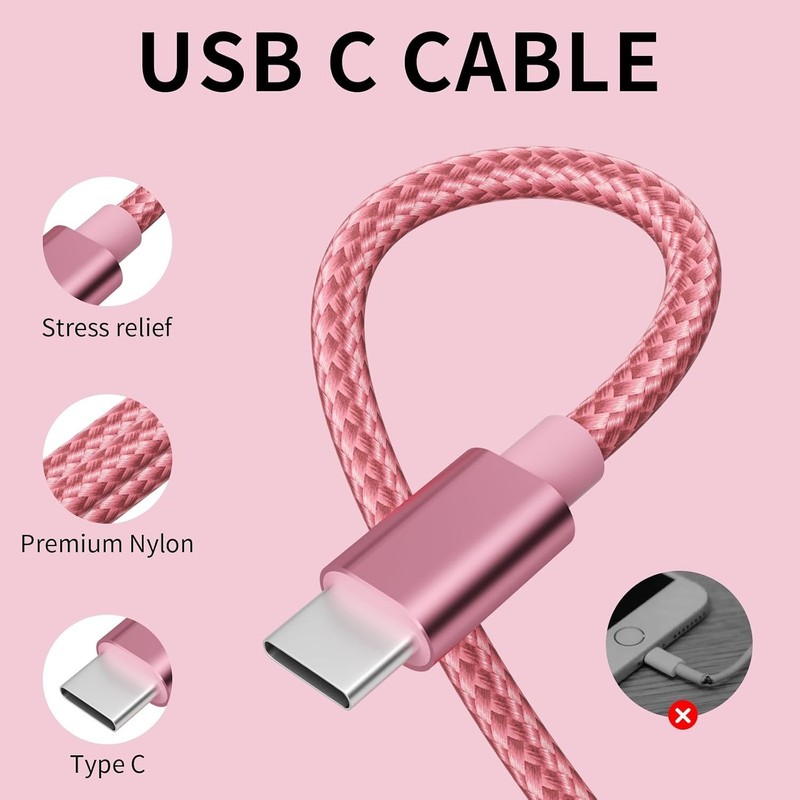 5-Pack USB C Cable Set 3/6/10FT Fast Charging Nylon Pink for Phone, iPad, Gal... gallery