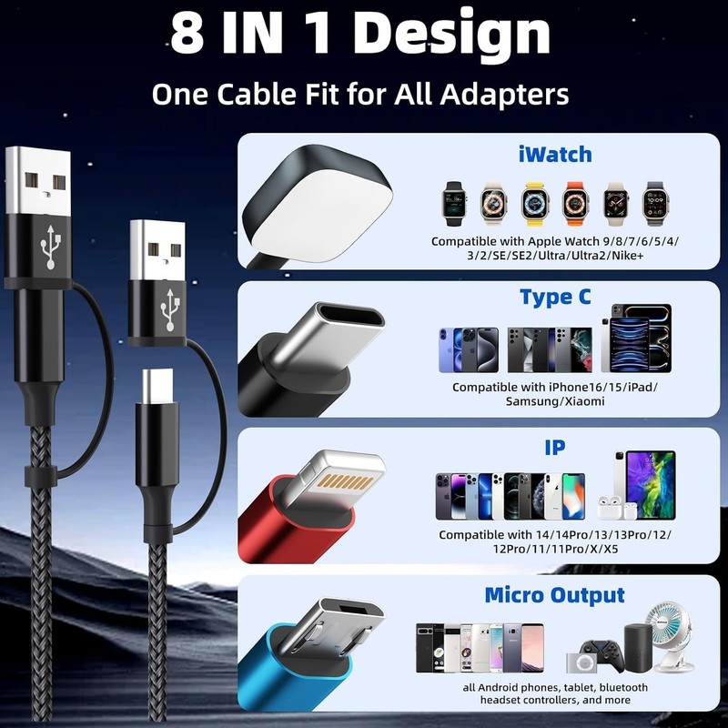 Lightweight Multi-Device Charging Cable for iWatch, iPhone 17+, Android - 5ft gallery
