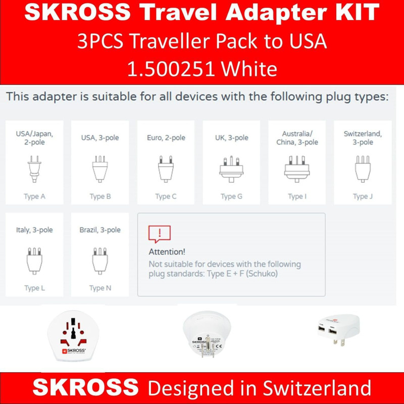 Skross World Travel Adapter Plug Kit Traveller Pack to USA 1.500251 White gallery