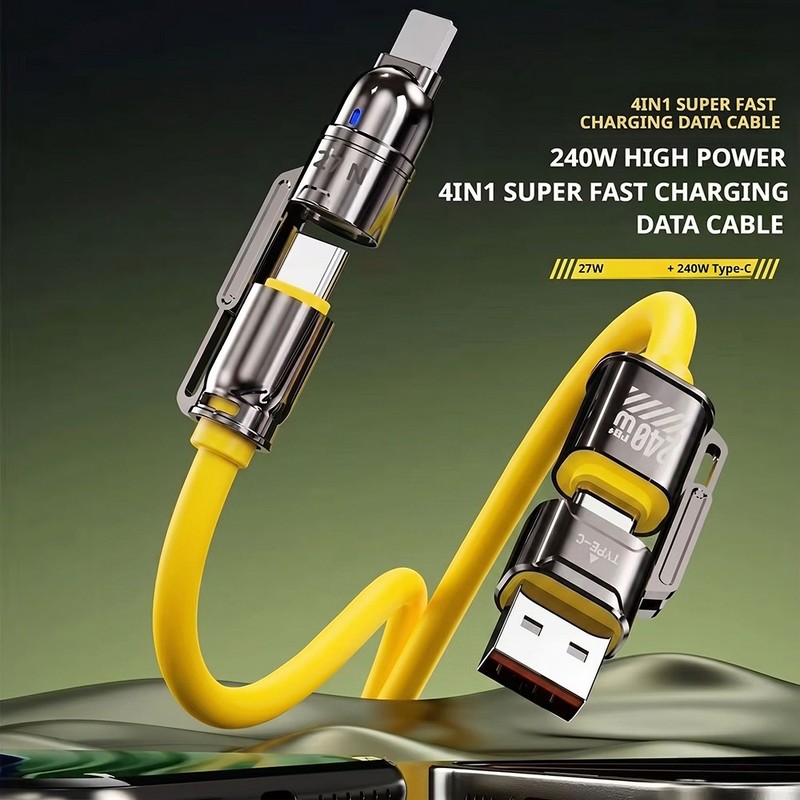 240W 4-in-1 Dual Type-C Fast Charging Cable for iPhone & Android Yellow A7 gallery