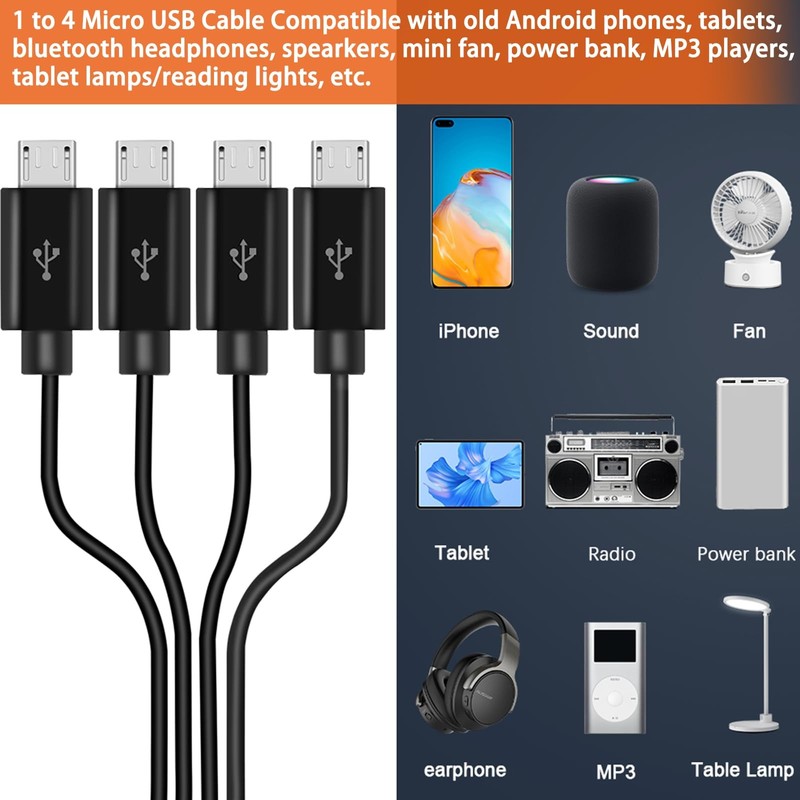 4 In 1 Multi Micro USB Splitter Cable Charging Cord for Data Sync Charge gallery
