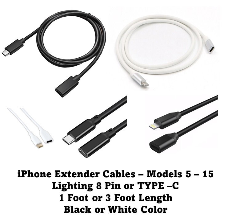 iPhone 5 through 15 Dock Extension Cable Cord 1 Foot or 3 Feet – Black or White