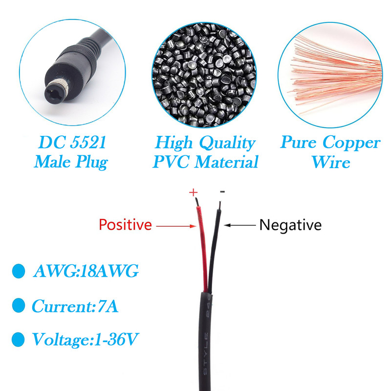 250pcs 18AWG DC 5.5x2.1mm Male Plug to Pigtail Cable 1FT/03M 7A for CCTV Camera gallery