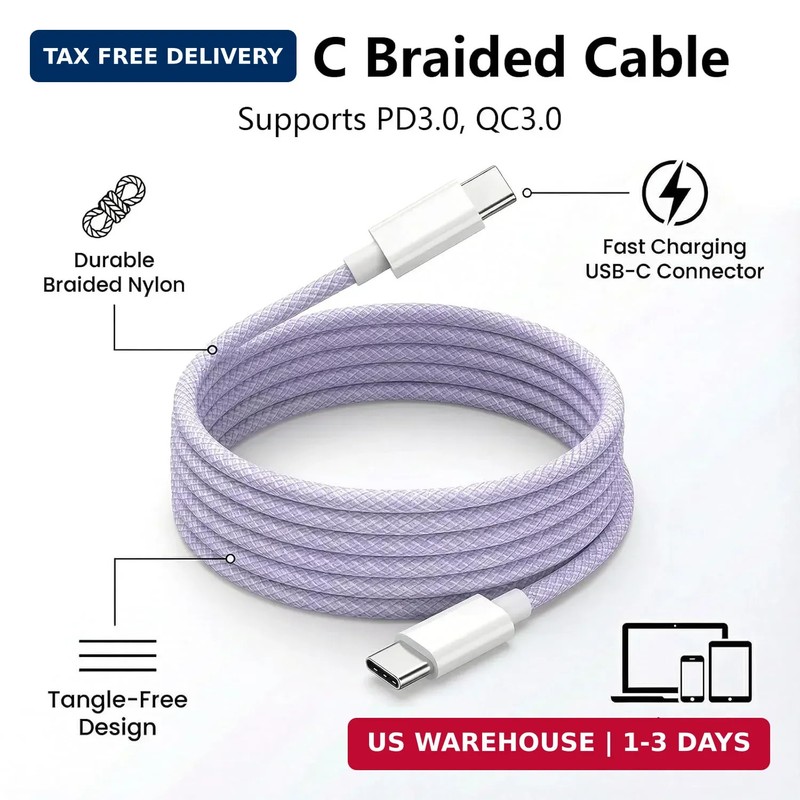 60W USB C to C Cable 6FT 2 Pack Purple Braided Fast Charging Type C Cord gallery