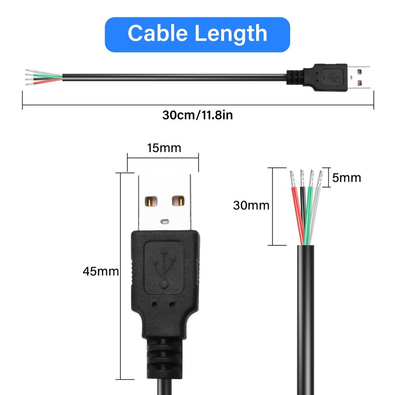30cm USB DIY Pigtail Cable 22AWG 5V 3A Male Plug 4 Pin Extension Data 2 Pack gallery
