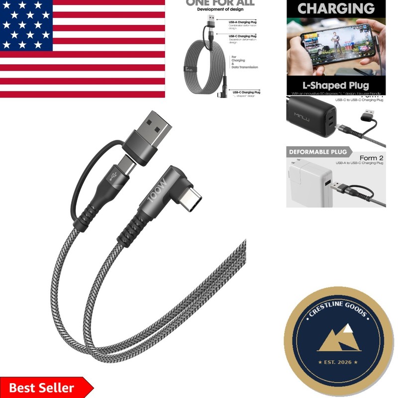 Ultra-Fast 100W USB C Charging Cable with Right Angle Design, 1 ft – Braided