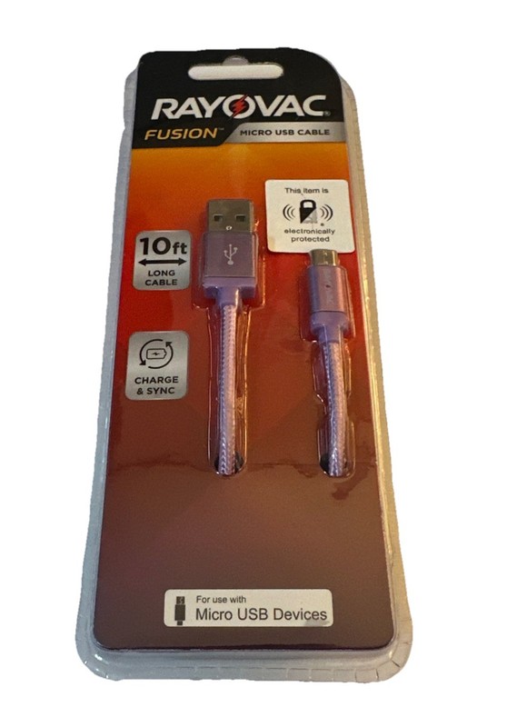 Rayovac Fusion Micro USB Cable 10ft Charger Cord Purple Lavender New In Pkg