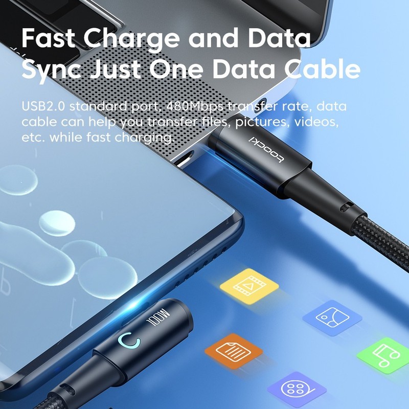 Toocki 100W USB-C to USB-C Fast Charging Cable PD 90° Right Angle Data Cord USB gallery
