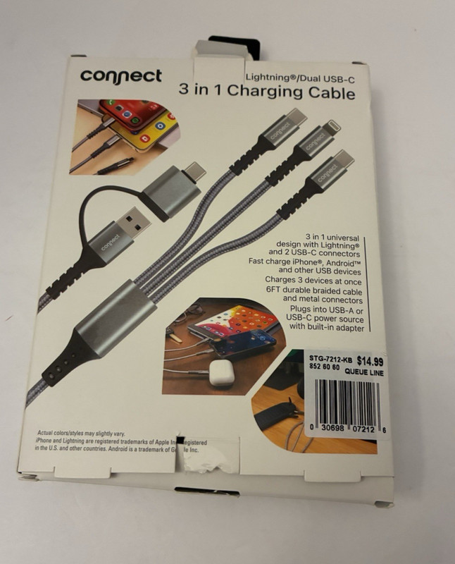 Connect 6-ft dual USB-C 3 in 1 charging cable for iphone/android gallery