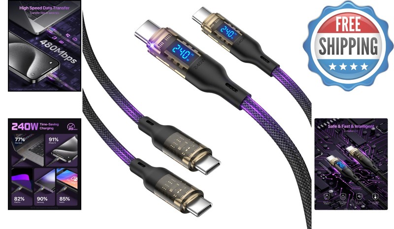 2-Pack 240W USB C to USB C Charging Cables - LED Display, 4ft, for All Devices gallery