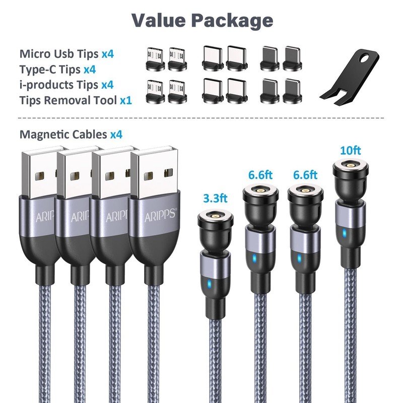 4 Pack Magnetic Charging Cable with 540 Degree Rotating Heads and LED Light gallery