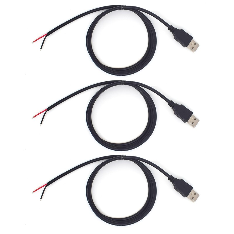 3PCS 1M/3.3FT USB A Pigtail Cable – 20AWG, 5V 5A Power, DIY, USB Plug