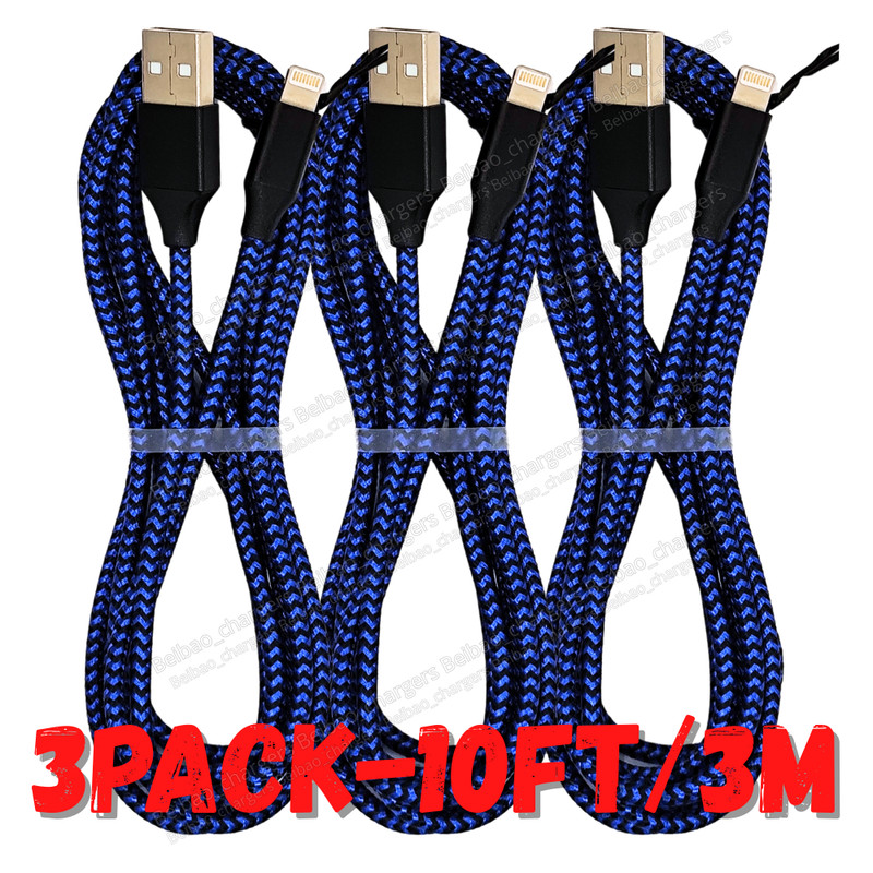 3X 10FT Braided USB Charger Phone Cable Data Cord For iPhone 14 13 12 11 XR iPad