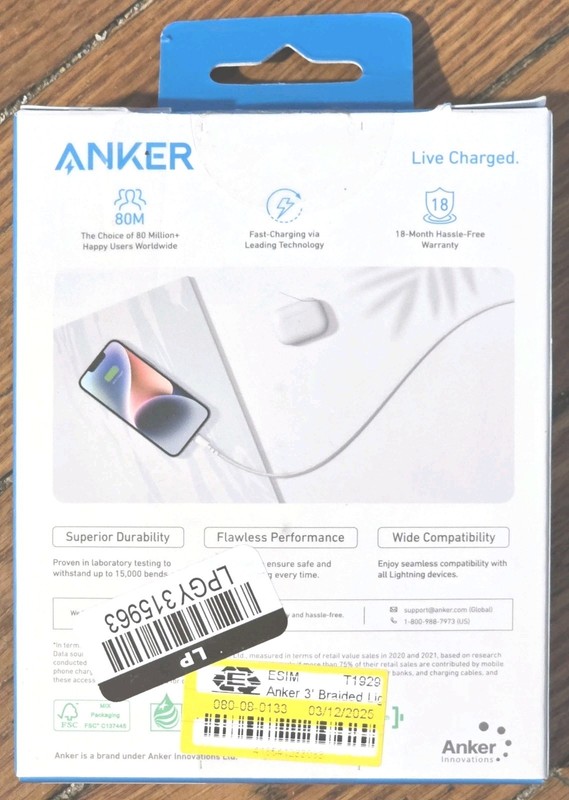 Anker 3' Braided MFI Certified Lighting to USB-A Charging Cable - White gallery