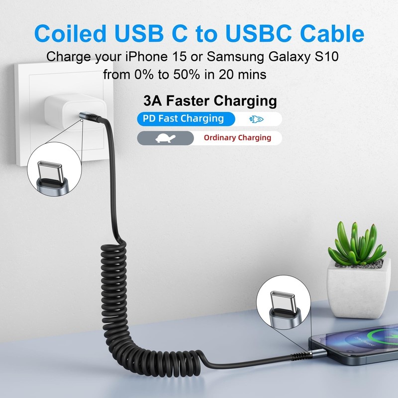 USB C to C Cable 3ft 2Pack Coiled C Charger for Car Type 3FT, Black gallery