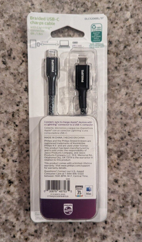 Philips 6ft. USB-C To Lightning Charging Cable With Braided Cord, Black gallery