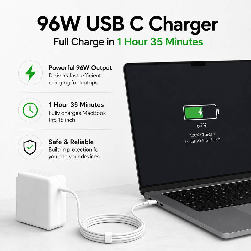 96W USB-C MacBook Pro Charger | AC Adapter Power Supply + Cable White gallery
