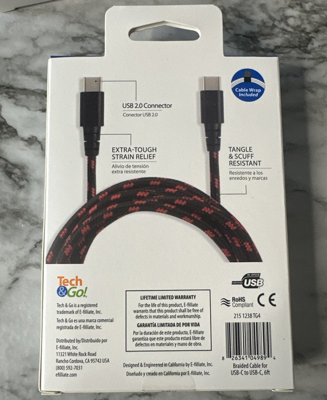 Tech & Go 6ft USB-C To USB-C Braided Charging Cable ~ Brand New Sealed ~ Black gallery