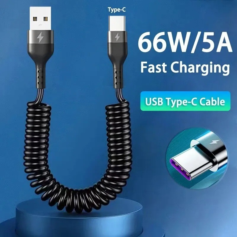 USB Type C 66W Car 5A Fast Charging Type C to Type C Spring Telescopic Cable For gallery