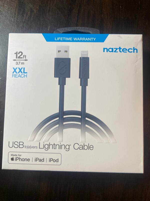 Naztech USB Charger Cable 12ft Data Sync Black for Apple Products
