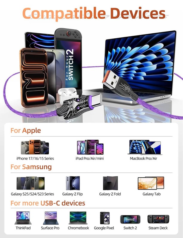 USB C Cable 60W [5-Pack 10FT] Braided Fast Charging, Extra Long, RGB Indicato... gallery