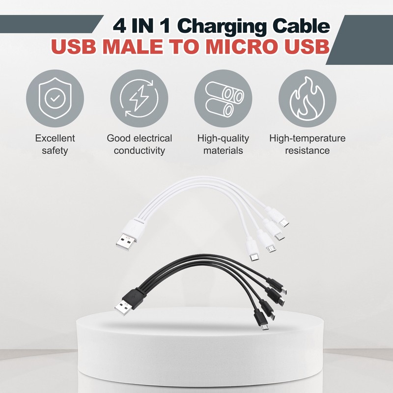 2Pcs Multi Charging Cable, 4 in 1 USB A to Micro USB Splitter 8", Black White gallery