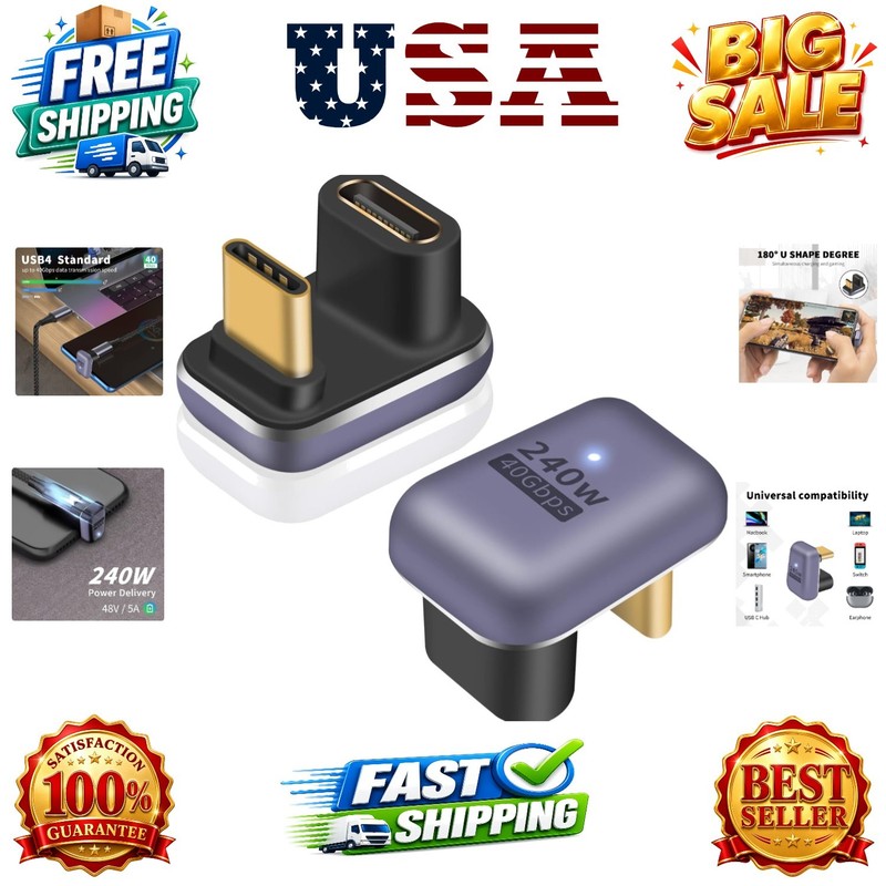 180 Degree USB C Adapter 240W, 2-Pack U Shape USB C 180 Degree Angled USB 4.0…
