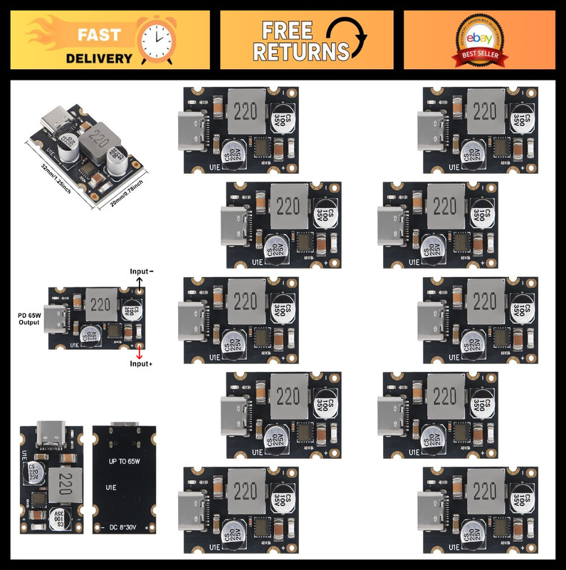 10PCS PD65W Fast Charging Module Type-C USB, Supports PD3.1 QC3.0 SCP PPS, 5V-20