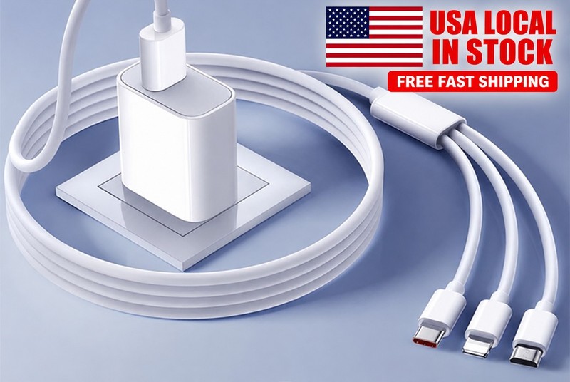 3-in-1 Fast Charge Wall Charger w/ Cable USB-A to USB-C Micro-USB