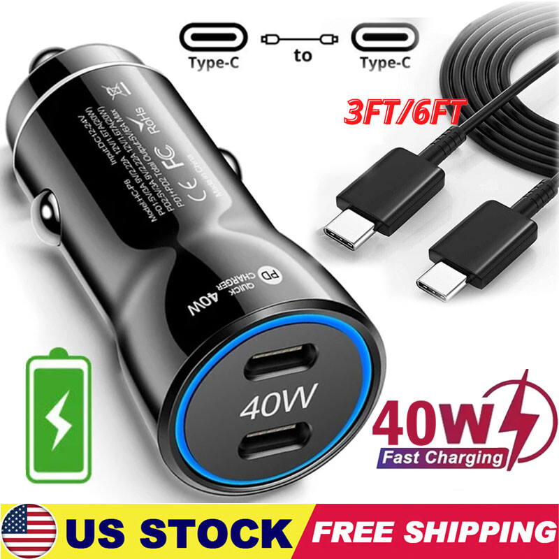 Type C Fast 40W Car Charger Adapter & Cable For Samsung A13 A53 A22 A14 A54 A55