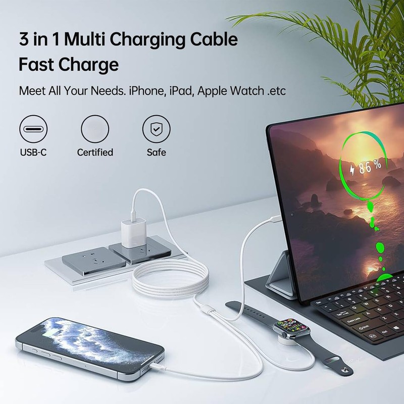 3 in 1 Magnetic Fast Charger USB-C Cable for iWatch 10/9/8/7 iPhone 5~17 Series gallery