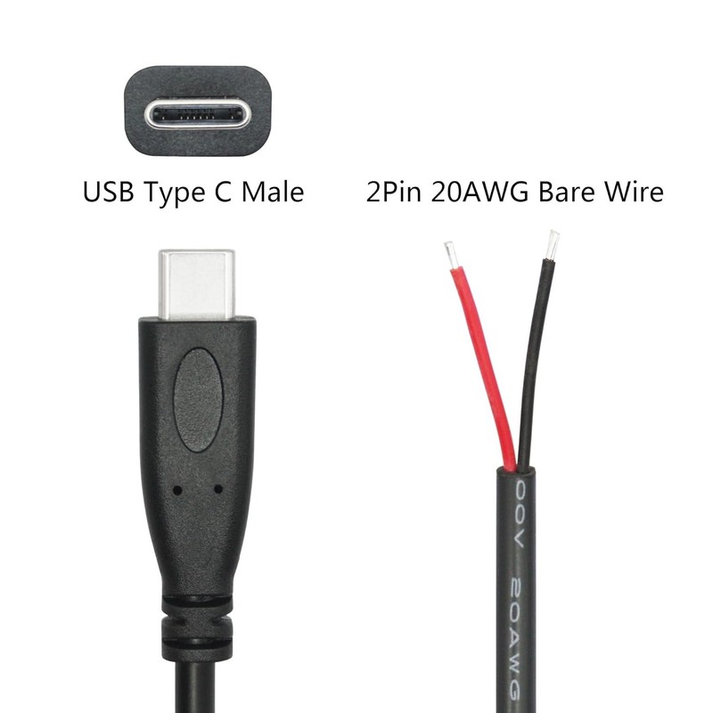 USB C to Bare Wire 2 Pin Power Cable 3FT 20AWG 5 Volt Lead for Laptop Phone, New gallery
