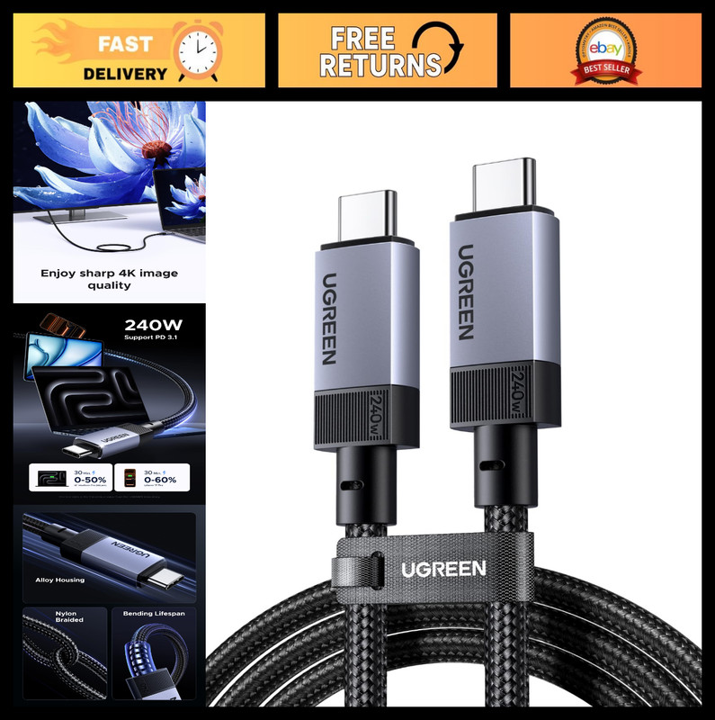 240W USB C Cable 10Gbps USB 3.2, 4K 60Hz Video, Fast Charging for iPhone, Galaxy