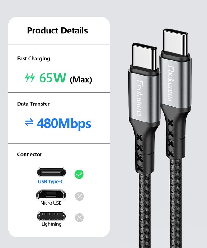3 Pack Short USB C to C Cable 1.6FT 65W PD Fast Charging Type C Cord Grey Wire gallery
