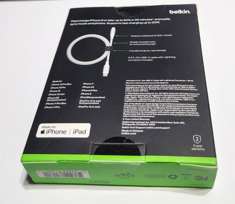 NEW White Belkin Boost Charge Braided USB-C to Lightng Cable 6.6ft/2M - CAA004 gallery