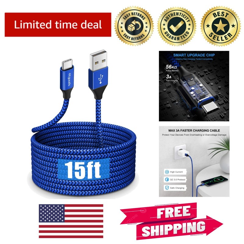 15ft Fast Charging USB Type C Cable – Nylon Braided Cord for All Devices