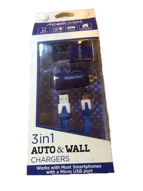 vAcellories 3in1 Home Car Gift Box Set Chargers w/3ft Cable – BLUE