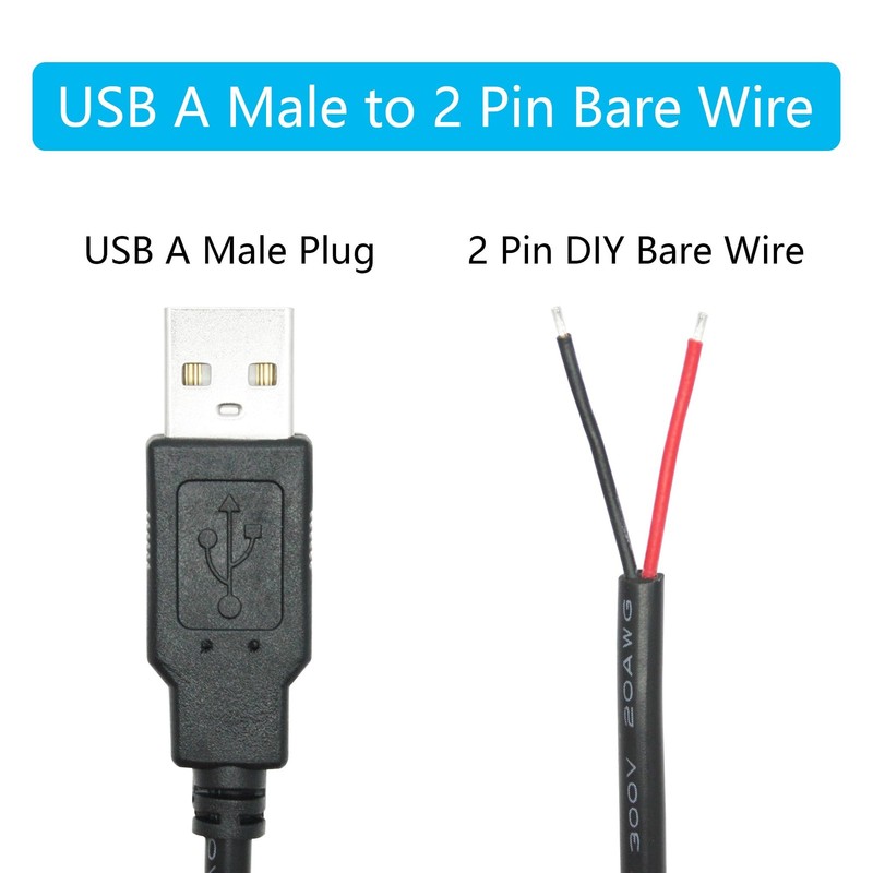 USB A Male To 2 Pin Bare Wire Pigtail Open End Power Cord 5V/5A 3FT 2 PCS gallery
