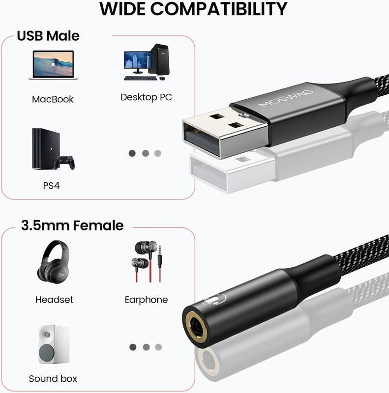 Nylon-Braided USB to Audio Jack Adapter - Sound Quality, 0.65ft Length gallery