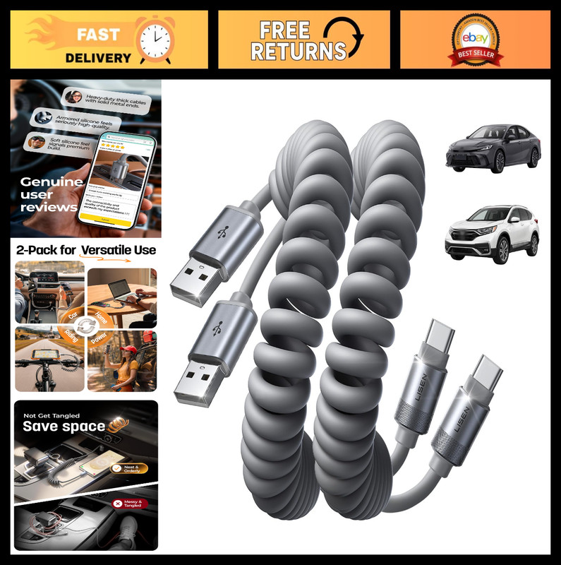 Durable USB A to USB C Cable 2 Pack, Coiled Retractable Charger Cord for Android